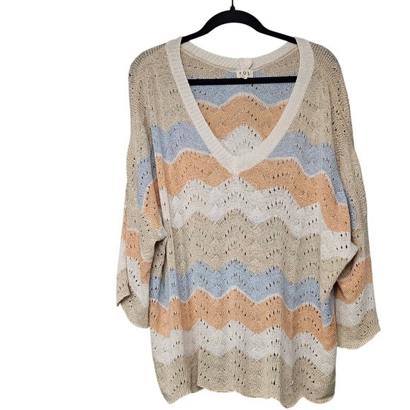 POL Sweaters - POL Chevron Knit Open Front Cardigan Sweater Beige Peach Blue Size L
